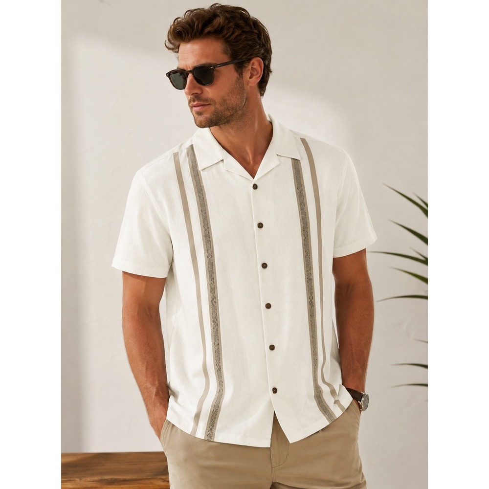 Haggar Mens Linen Blend Short Sleeve Button Down Camp Shirt Cream Stripe Large